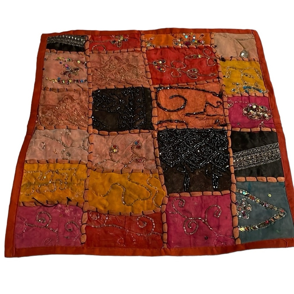 Handmade India bohemian bejeweled throw pillow cover. Has sequins, beads 16”x16”